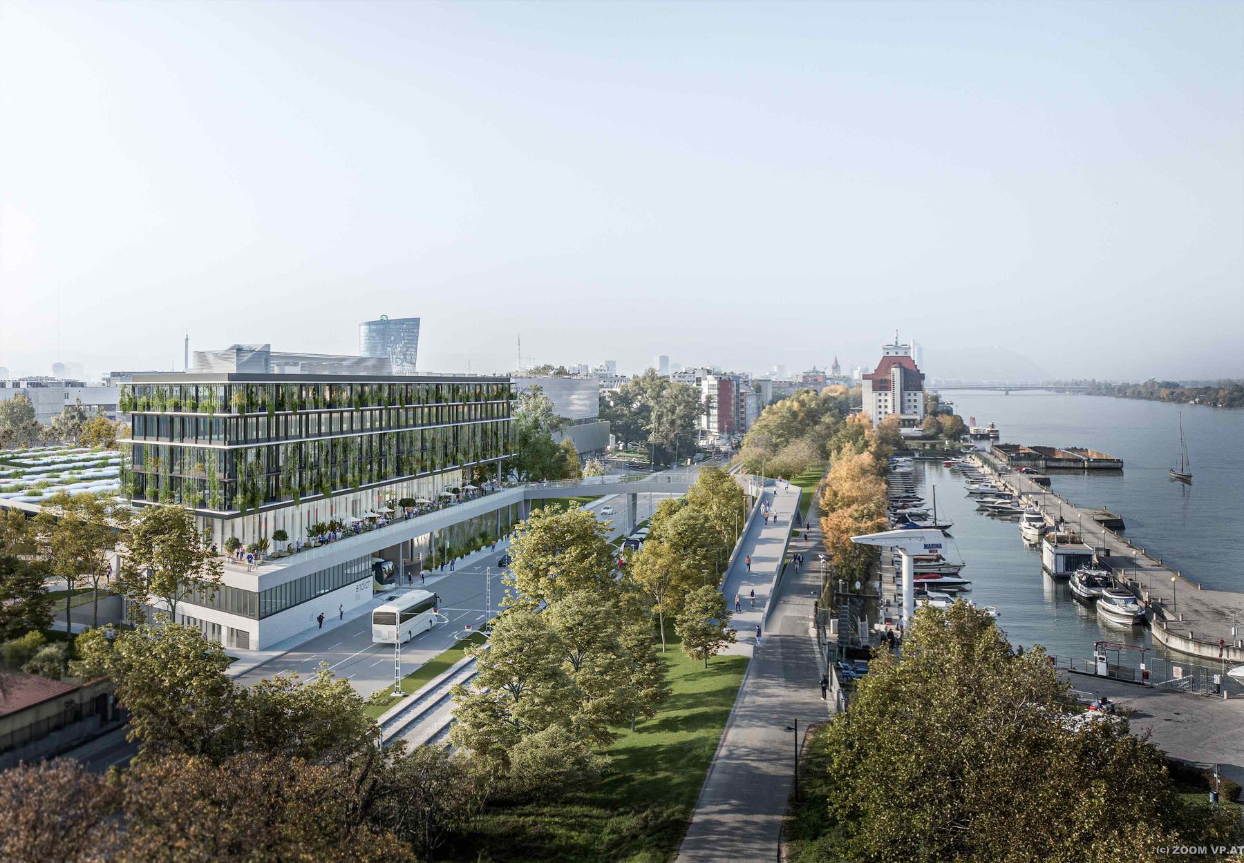 Zu sehen ist eine Visualisierung des Internationalen Fernbus Terminals mit dem Steg für Fußgänger*innen und Fahrradfahrer*innen der vom Gebäude zum rechten Donauufer führt