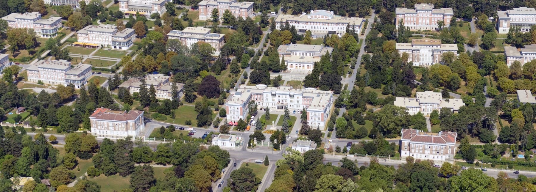 Luftbild des Otto-Wagner-Areals mit den Gebäuden und der Otto-Wagner-Kirche am Steinhof.