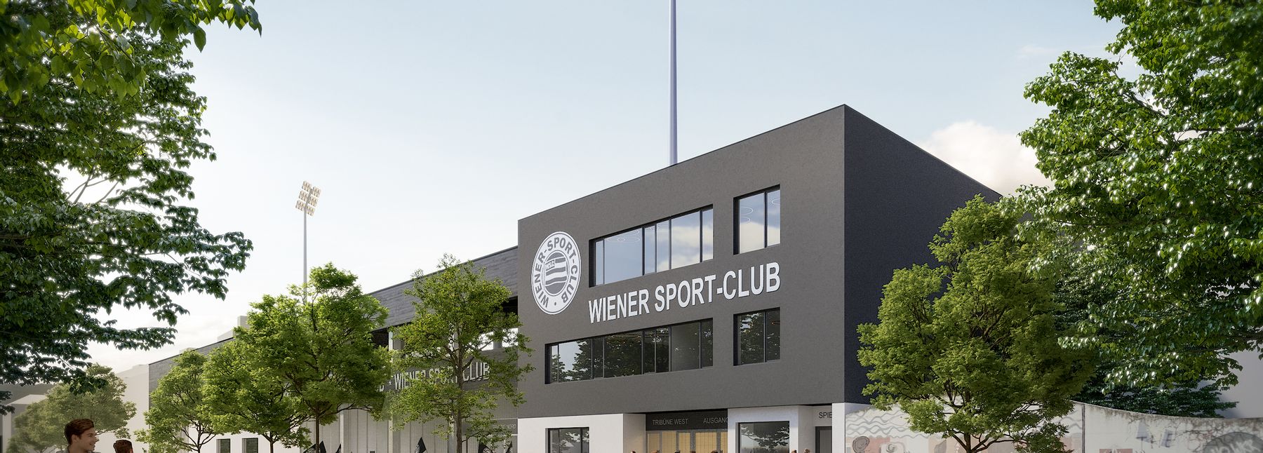 Der Wiener Sportclub: ein kastenförmiges graues Gebäude mit der umliegenden Straße.