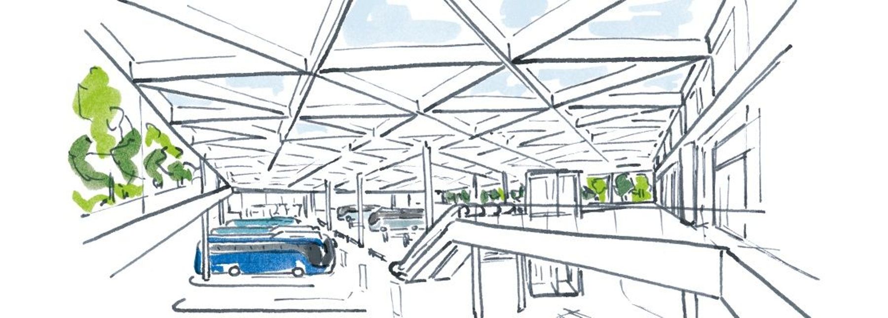 Zeichnung Busterminal mit zwei Ebenen und Glasverdachung