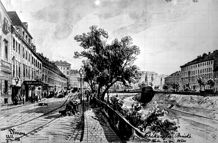 Theater an der Wien mit Wienfluss und Schikanederbrücke 1888 / Alter Stich von Jan Varrone
