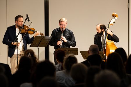 Drei Musiker mit Publikum im Vordergrund