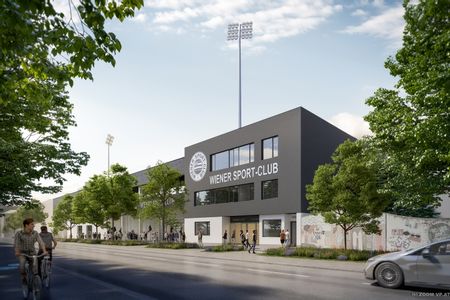 Der Wiener Sportclub: ein kastenförmiges graues Gebäude mit der umliegenden Straße.