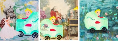 Drei Bildcollagen, jeweils mit einem gezeichneten Bild von einem Baby im Kinderwagen im Mittelpunkt