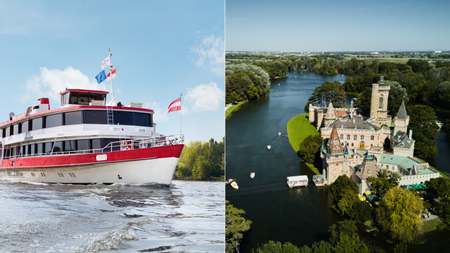 Eine Collage aus einem Donauschiff und einer Luftaufnahme des Schloss Laxenburg