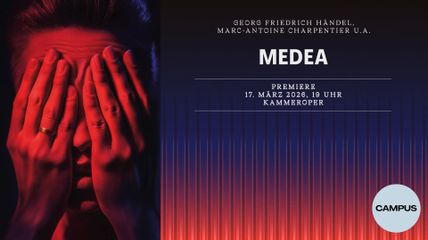 Ein Sujet in Rot und Blau mit Infos zur Vorstellung und einem Gesicht, dass von Händen verdeckt ist